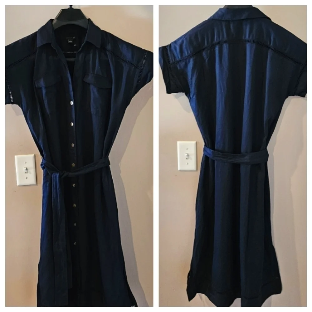 NEW! ANN TAYLOR Cut Out Linen Blend Midi Tie Waist Shirt Dress 2.